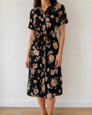 Vestido camisero largo floral cinturón