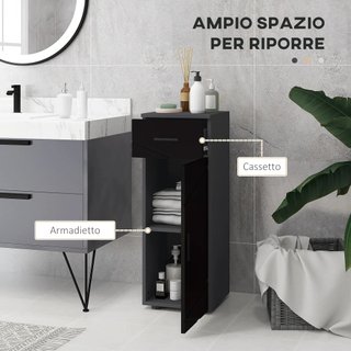 Armario de Baño con Cajón y Armario de 2 Niveles Regulables, Mueble de Baño de Madera, 30x30x82 cm, Negro y Gris Oscuro