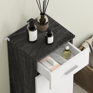 Mueble de Baño con Cajón y Armario de Una Puerta, Mueble de Baño Ahorra Espacio en Madera, Armario para Comedor, Sala de Estar, Cocina, 35X30X77.5 Cm, Blanco y Negro