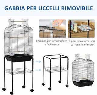 Jaula para Aves Con 3 Perchas, 2 Comederos Y 2 Puertas Laterales, Jaula para Animales de Acero, PP Y Madera, 46X36X130 Cm, Negra