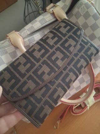 Portamonete Fendi Canvas Pelle Beige Marrone 19x10