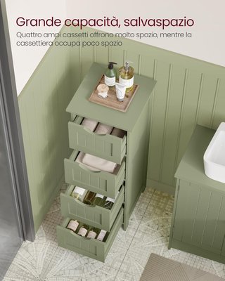 Mueble de Baño, Cajonera, Armario Independiente, Con 4 Cajones, 30 X 30 X 82 Cm, para Baño, Sala de Estar, Comedor, Cocina, Estilo Moderno, Verde Laurel LHC040C02