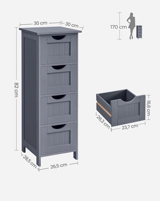 Mueble De Baño, Cajonera, Armario Independiente, Con 4 Cajones, 30 X 30 X 82 Cm, Para Baño, Sala De Estar, Comedor, Cocina, Estilo Moderno, Gris LHC040G01