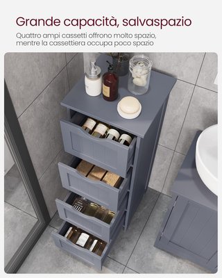 Mueble De Baño, Cajonera, Armario Independiente, Con 4 Cajones, 30 X 30 X 82 Cm, Para Baño, Sala De Estar, Comedor, Cocina, Estilo Moderno, Gris LHC040G01