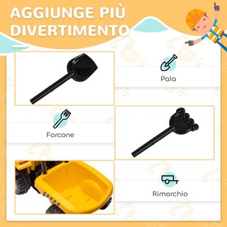 Camión Juguete para Niños de 12-36 Meses con Pala y Remolque Integrados, Excavadora para Niños a Pedales en PP y Metal, 91X29X44 Cm, Amarillo