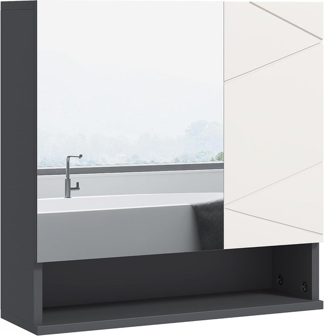 Armario de Baño Con Espejo Y 2 Puertas, Espejo de Baño Contenedor Con Estantes Regulables en Madera, 55X17X55Cm, Gris