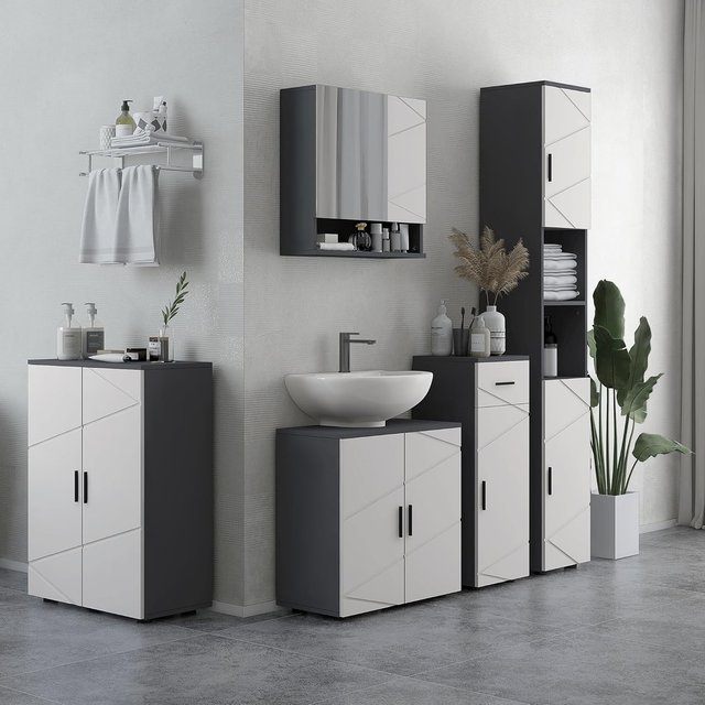 Armario de Baño Con Espejo Y 2 Puertas, Espejo de Baño Contenedor Con Estantes Regulables en Madera, 55X17X55Cm, Gris