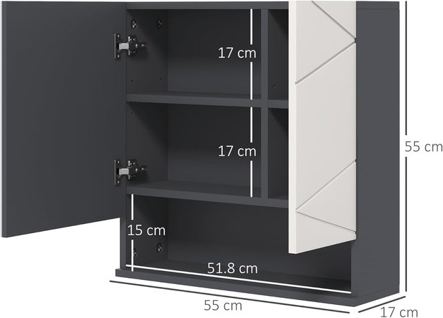 Armario de Baño Con Espejo Y 2 Puertas, Espejo de Baño Contenedor Con Estantes Regulables en Madera, 55X17X55Cm, Gris