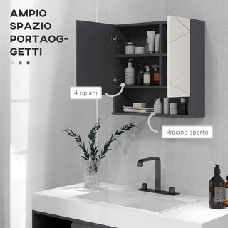 Armario de Baño Con Espejo Y 2 Puertas, Espejo de Baño Contenedor Con Estantes Regulables en Madera, 55X17X55Cm, Gris