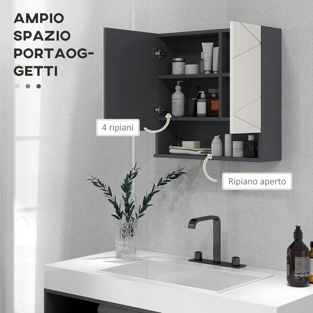 Armario de Baño Con Espejo Y 2 Puertas, Espejo de Baño Contenedor Con Estantes Regulables en Madera, 55X17X55Cm, Gris