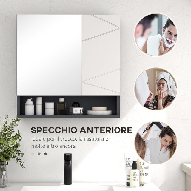 Armario de Baño Con Espejo Y 2 Puertas, Espejo de Baño Contenedor Con Estantes Regulables en Madera, 55X17X55Cm, Gris