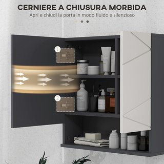 Armario de Baño Con Espejo Y 2 Puertas, Espejo de Baño Contenedor Con Estantes Regulables en Madera, 55X17X55Cm, Gris