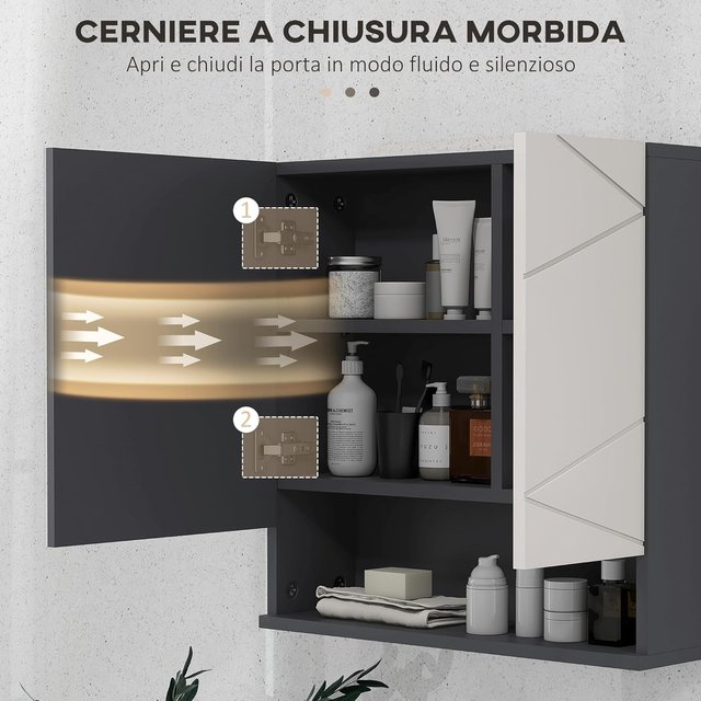 Armario de Baño Con Espejo Y 2 Puertas, Espejo de Baño Contenedor Con Estantes Regulables en Madera, 55X17X55Cm, Gris