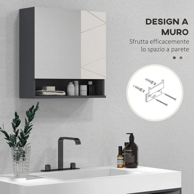 Armario de Baño Con Espejo Y 2 Puertas, Espejo de Baño Contenedor Con Estantes Regulables en Madera, 55X17X55Cm, Gris