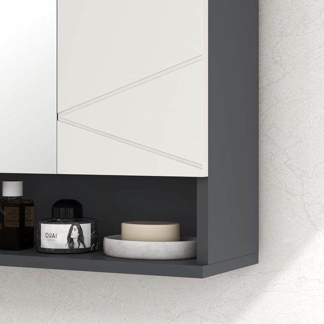 Armario de Baño Con Espejo Y 2 Puertas, Espejo de Baño Contenedor Con Estantes Regulables en Madera, 55X17X55Cm, Gris