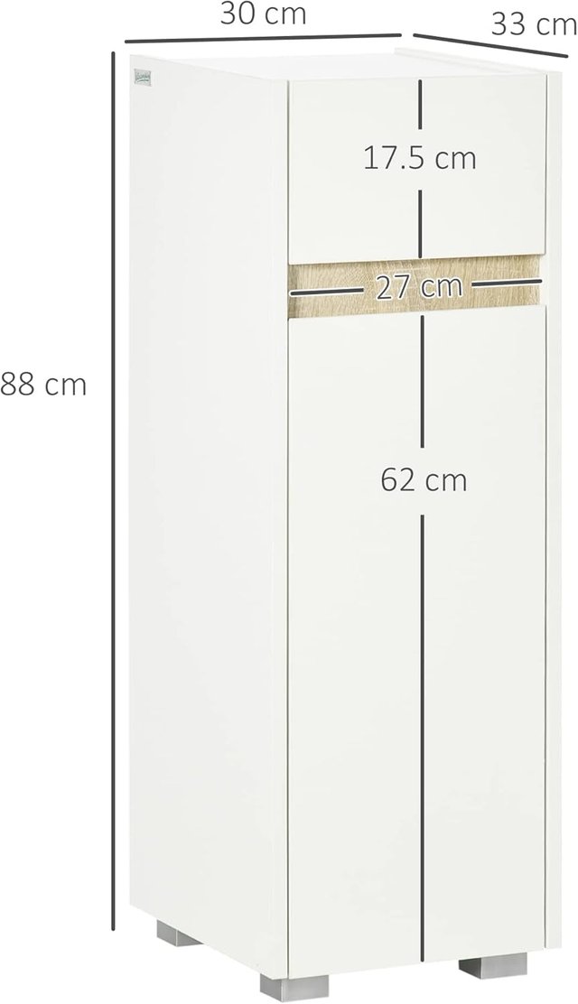 Mueble de Baño con Cajón y Armario con Estante Regulable, Mueble de Baño Multiusos de Madera, 30X33X88Cm, Blanco