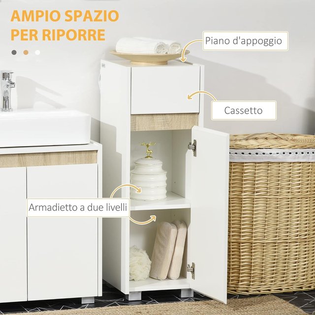 Mueble de Baño con Cajón y Armario con Estante Regulable, Mueble de Baño Multiusos de Madera, 30X33X88Cm, Blanco