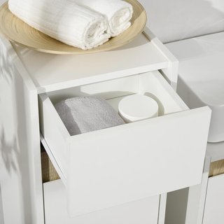 Mueble de Baño con Cajón y Armario con Estante Regulable, Mueble de Baño Multiusos de Madera, 30X33X88Cm, Blanco