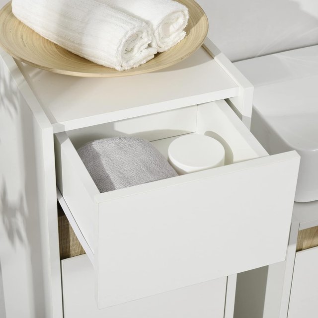 Mueble de Baño con Cajón y Armario con Estante Regulable, Mueble de Baño Multiusos de Madera, 30X33X88Cm, Blanco