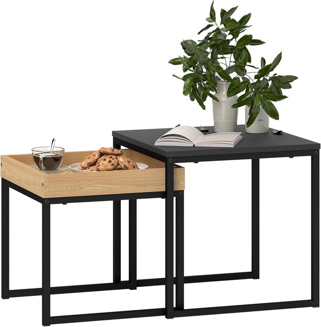 Juego de 2 Mesas de Café Modernas con Patas en U, Mesas de Salón de Madera y Acero, 45X45X45 Cm y 40X40X40 Cm, Negro