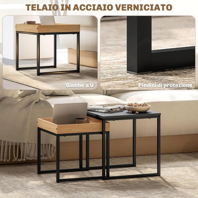 Juego de 2 Mesas de Café Modernas con Patas en U, Mesas de Salón de Madera y Acero, 45X45X45 Cm y 40X40X40 Cm, Negro