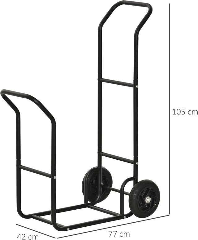 Carro de Leña de Acero con 2 Ruedas, Leñera Multifuncional para Interior y Exterior, Capacidad 100Kg, 77X42X105Cm, Negro