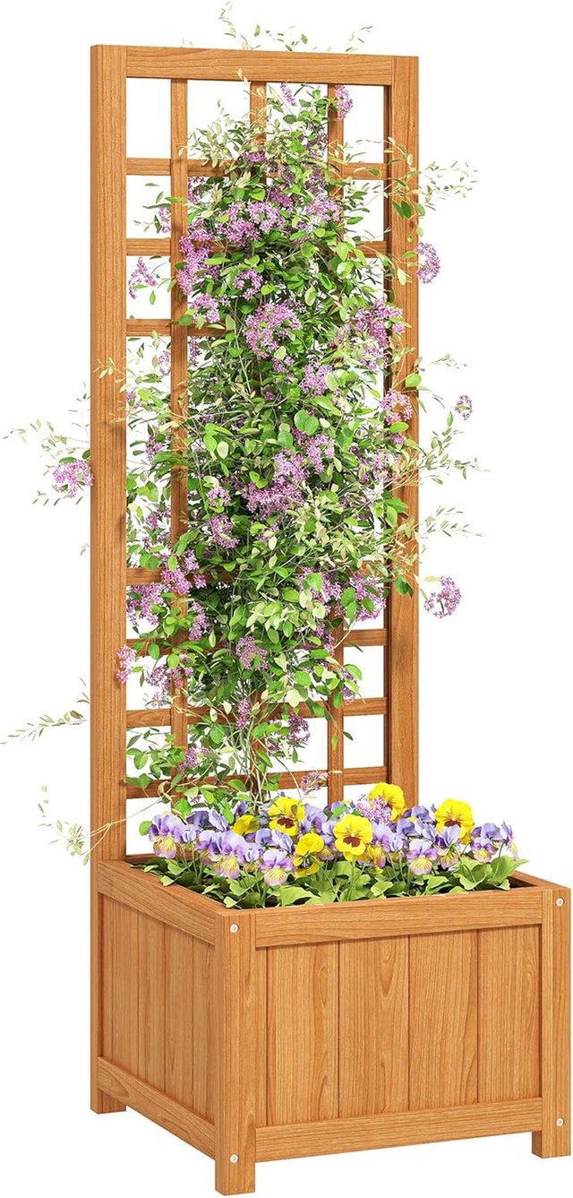 Cama para Huerto Elevado de Exterior con Enrejado, Jardín de Exterior con Orificio de Drenaje y Funda Transpirable en Madera de Abeto, para Flores y Verduras, 40X40X120 Cm, Marrón Claro