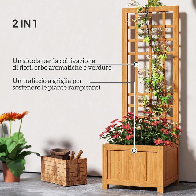 Cama para Huerto Elevado de Exterior con Enrejado, Jardín de Exterior con Orificio de Drenaje y Funda Transpirable en Madera de Abeto, para Flores y Verduras, 40X40X120 Cm, Marrón Claro
