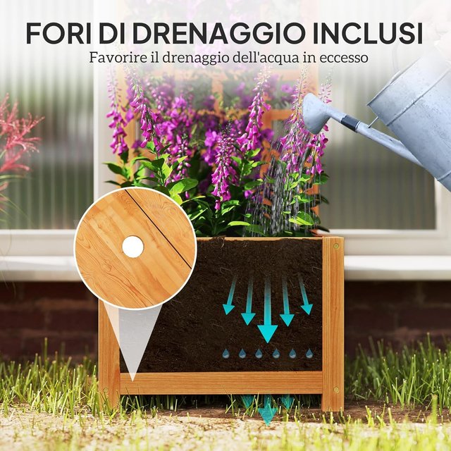 Cama para Huerto Elevado de Exterior con Enrejado, Jardín de Exterior con Orificio de Drenaje y Funda Transpirable en Madera de Abeto, para Flores y Verduras, 40X40X120 Cm, Marrón Claro