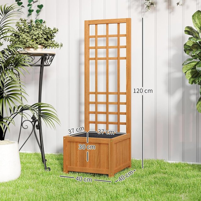 Cama para Huerto Elevado de Exterior con Enrejado, Jardín de Exterior con Orificio de Drenaje y Funda Transpirable en Madera de Abeto, para Flores y Verduras, 40X40X120 Cm, Marrón Claro