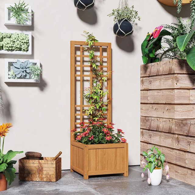 Cama para Huerto Elevado de Exterior con Enrejado, Jardín de Exterior con Orificio de Drenaje y Funda Transpirable en Madera de Abeto, para Flores y Verduras, 40X40X120 Cm, Marrón Claro