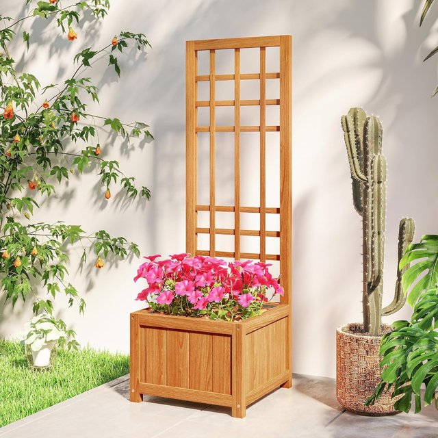 Cama para Huerto Elevado de Exterior con Enrejado, Jardín de Exterior con Orificio de Drenaje y Funda Transpirable en Madera de Abeto, para Flores y Verduras, 40X40X120 Cm, Marrón Claro