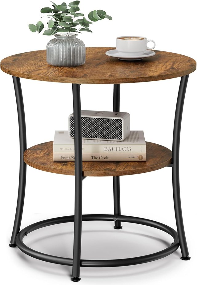 Mesa Redonda, Mesita Con 2 Estantes, Sala De Estar, Dormitorio, Montaje Fácil, Metal, Diseño Industrial, Marrón Vintage LET56BX