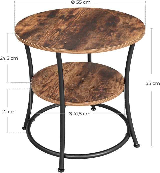 Mesa Redonda, Mesita Con 2 Estantes, Sala De Estar, Dormitorio, Montaje Fácil, Metal, Diseño Industrial, Marrón Vintage LET56BX