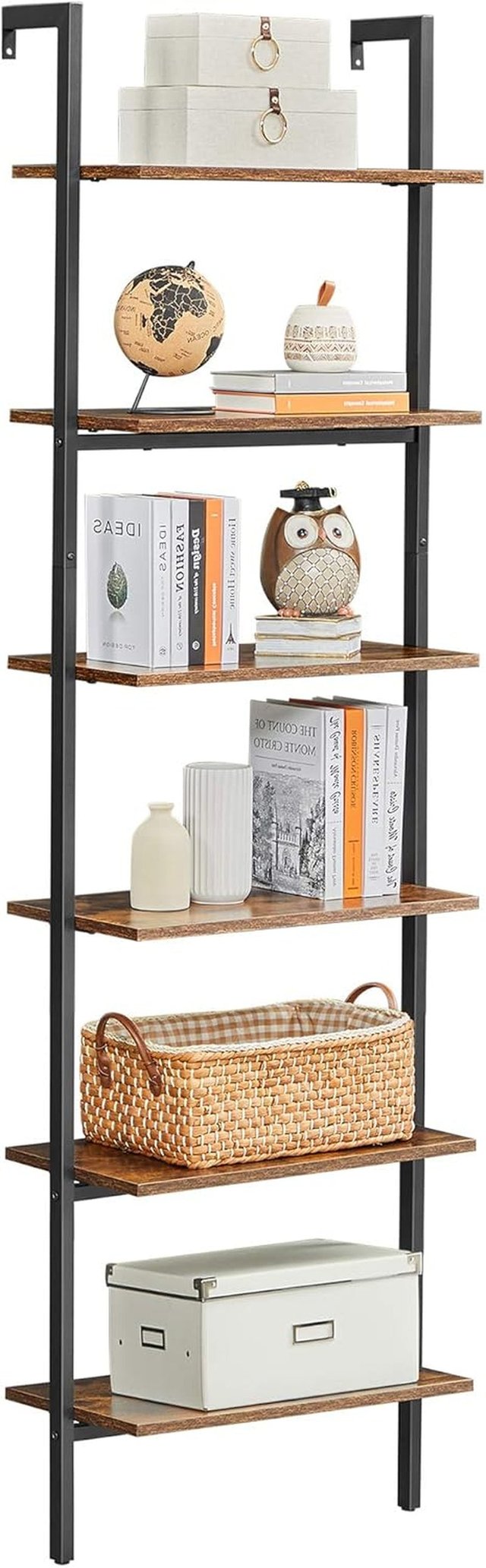 Estante de Escalera, Contra Pared de 6 Estantes, para Sala de Estar, Oficina, Cocina, Dormitorio, 60 X 30 X 204,8 Cm, Industrial, Marrón Vintage y Negro LLS103B01