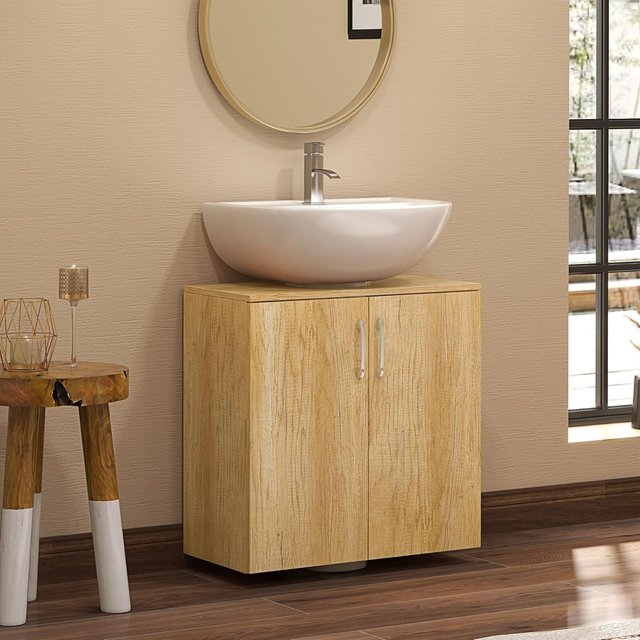 Mueble de Baño Bajo Lavabo Moderno, Armario Suspendido de 2 Puertas con 2 Estantes y Corte en U de Madera, para Lavabos Con o Sin Columna, Color Natural