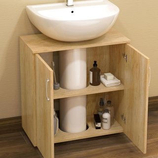 Mueble de Baño Bajo Lavabo Moderno, Armario Suspendido de 2 Puertas con 2 Estantes y Corte en U de Madera, para Lavabos Con o Sin Columna, Color Natural