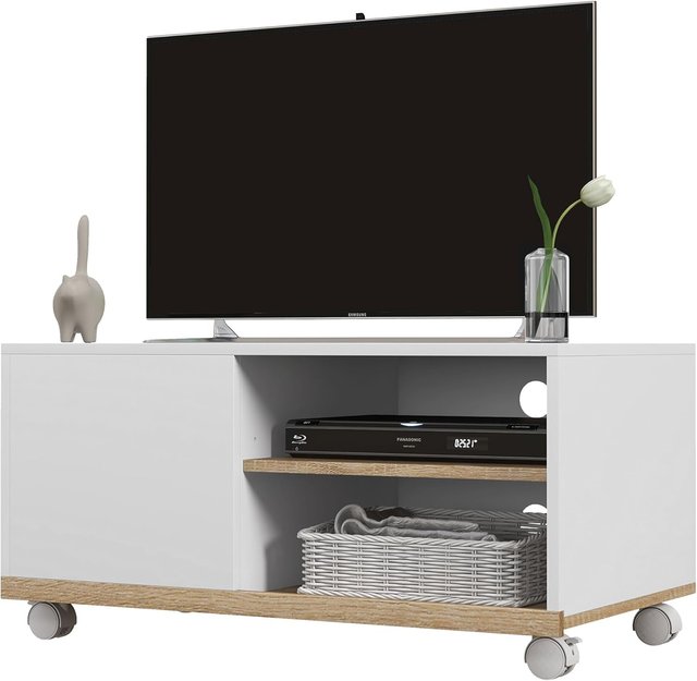 Mueble TV Con Ruedas, Mueble Porta TV Hasta 42" Con Armario, Estantes Abiertos Regulables, Orificio Para Cables, Mueble Para Televisor, Para Sala De Estar, Dormitorio Y Salón, 80X45X41 Cm Blanco