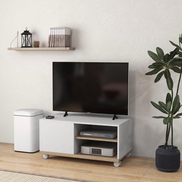Mueble TV Con Ruedas, Mueble Porta TV Hasta 42" Con Armario, Estantes Abiertos Regulables, Orificio Para Cables, Mueble Para Televisor, Para Sala De Estar, Dormitorio Y Salón, 80X45X41 Cm Blanco
