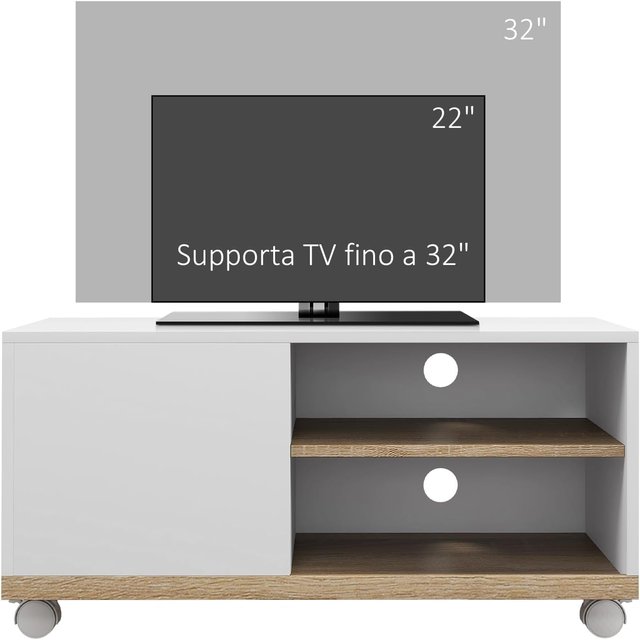 Mueble TV Con Ruedas, Mueble Porta TV Hasta 42" Con Armario, Estantes Abiertos Regulables, Orificio Para Cables, Mueble Para Televisor, Para Sala De Estar, Dormitorio Y Salón, 80X45X41 Cm Blanco