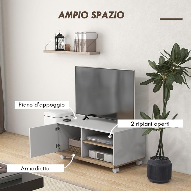Mueble TV Con Ruedas, Mueble Porta TV Hasta 42" Con Armario, Estantes Abiertos Regulables, Orificio Para Cables, Mueble Para Televisor, Para Sala De Estar, Dormitorio Y Salón, 80X45X41 Cm Blanco