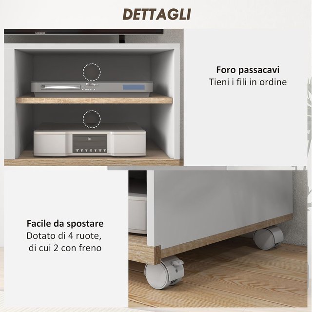 Mueble TV Con Ruedas, Mueble Porta TV Hasta 42" Con Armario, Estantes Abiertos Regulables, Orificio Para Cables, Mueble Para Televisor, Para Sala De Estar, Dormitorio Y Salón, 80X45X41 Cm Blanco