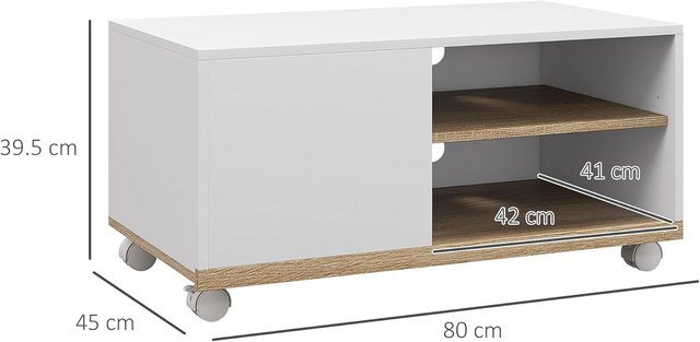 Mueble TV Con Ruedas, Mueble Porta TV Hasta 42" Con Armario, Estantes Abiertos Regulables, Orificio Para Cables, Mueble Para Televisor, Para Sala De Estar, Dormitorio Y Salón, 80X45X41 Cm Blanco