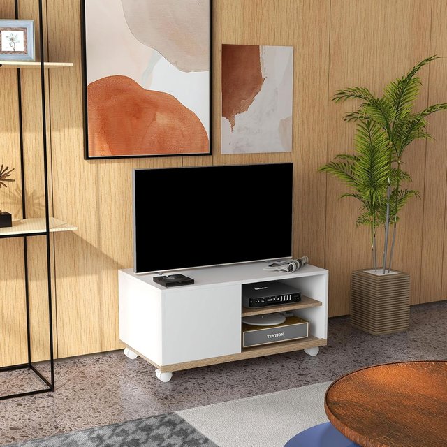 Mueble TV Con Ruedas, Mueble Porta TV Hasta 42" Con Armario, Estantes Abiertos Regulables, Orificio Para Cables, Mueble Para Televisor, Para Sala De Estar, Dormitorio Y Salón, 80X45X41 Cm Blanco