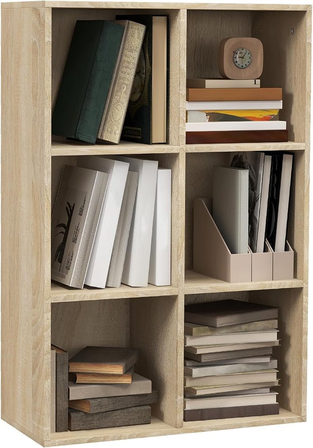 Mueble Librería de 6 Cubos, Librería Ahorra Espacio de Madera, Estante Divisor para Habitación, Sala de Estar, Dormitorio y Oficina, 65.5X30X97.5 Cm, Color Roble