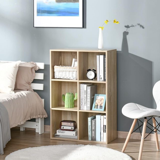 Mueble Librería de 6 Cubos, Librería Ahorra Espacio de Madera, Estante Divisor para Habitación, Sala de Estar, Dormitorio y Oficina, 65.5X30X97.5 Cm, Color Roble