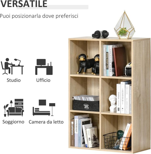 Mueble Librería de 6 Cubos, Librería Ahorra Espacio de Madera, Estante Divisor para Habitación, Sala de Estar, Dormitorio y Oficina, 65.5X30X97.5 Cm, Color Roble