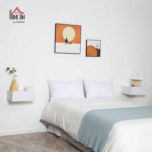Juego de 2 Mesitas de Noche Suspendidas para Dormitorio, Mesitas Modernas con Fijación a la Pared, en Madera Blanca, 40X30X15Cm