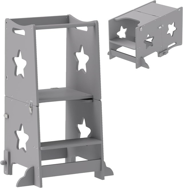 Torre Montessori para Niños Convertible en Juego de Mesa y Sillas con Barra de Seguridad, Taburete para Niños de 3-6 Años en Madera, Torre de Aprendizaje para Baño, Cocina y Aseo, Gris