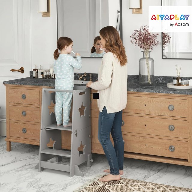 Torre Montessori para Niños Convertible en Juego de Mesa y Sillas con Barra de Seguridad, Taburete para Niños de 3-6 Años en Madera, Torre de Aprendizaje para Baño, Cocina y Aseo, Gris